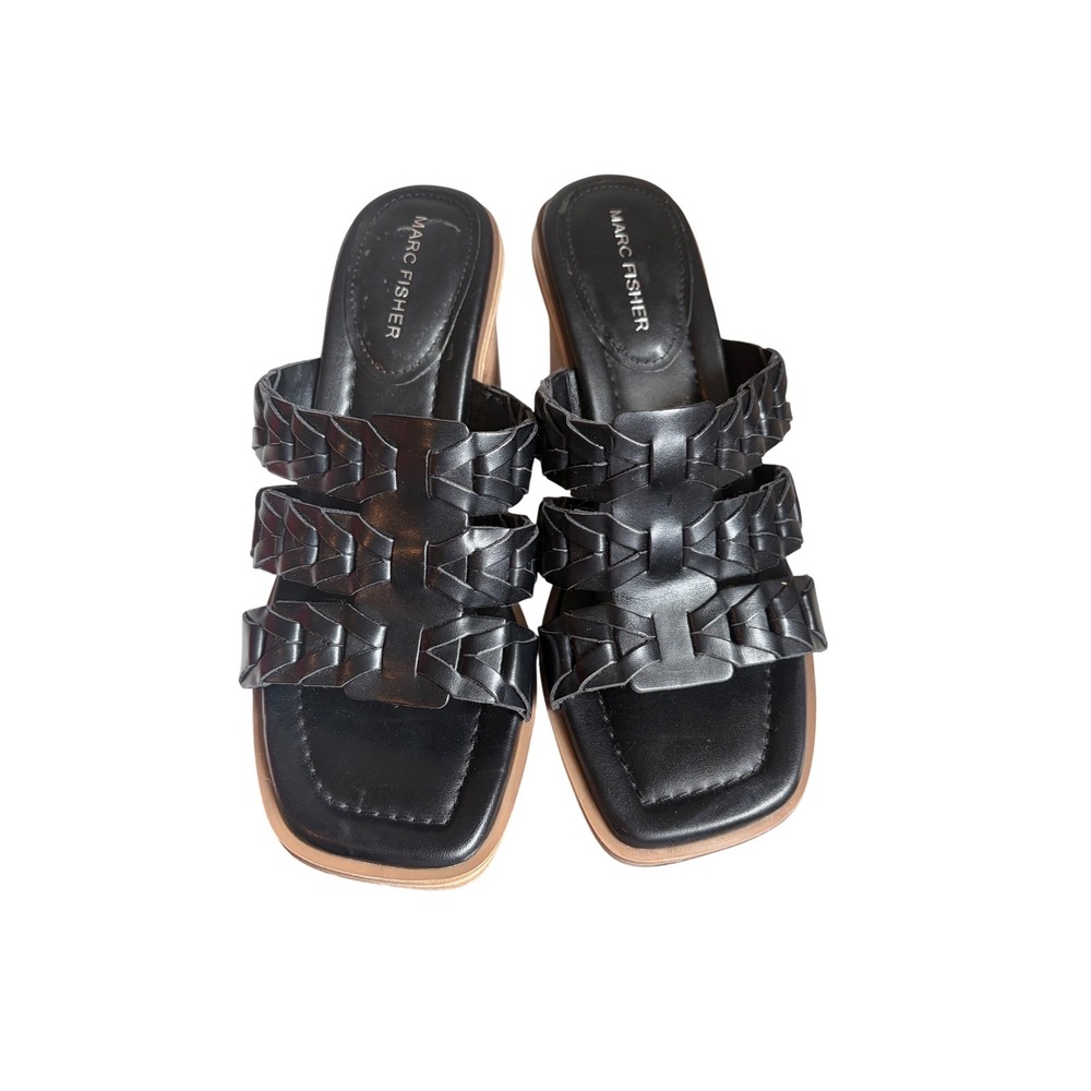 Marc Fisher Melita Black Woven Block Heel Sandals Square Toe Mules Womens 7M